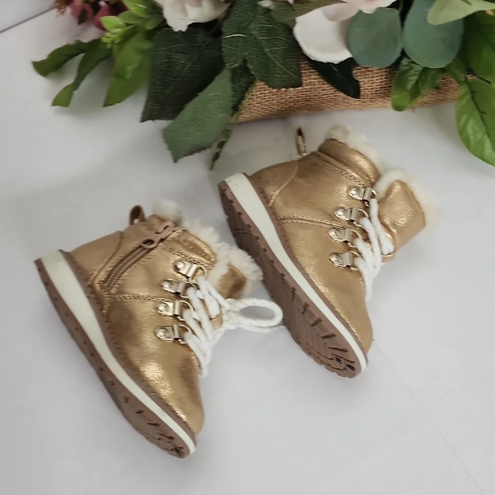 Kids Metallic Gold Faux-Fur Lined Winter Boots
